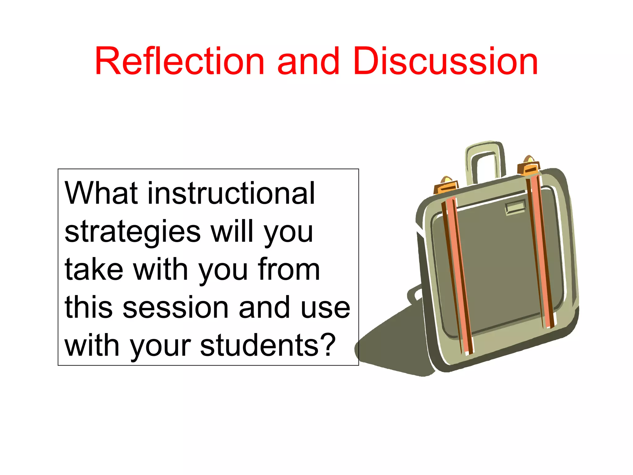 Reflection and Discussion


What instructional
strategies will you
take with you from
this session and use
with your students?
 