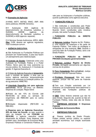 www.cers.com.br
ANALISTA JUDICIÁRIO DE TRIBUNAIS
Direito Administrativo
Matheus Carvalho
10
h) Exemplos de Agências:
AANS; ANTT; ANTAQ; ANAC; ANP; ANA
(bens públicos); ANCINE (fomento).
B Autarquias: ADA (agência de
desenvolvimento da Amazônia, substituiu a
SUDAM), ADENE (agência de
desenvolvimento do Nordeste, substituiu a
SUDENE) e AEB (agencia espacial);
C Serviços Sociais Autônomos: APEX, ABDI.
Obs: CVM: deveria ser agência reguladora,
mas é autarquia comum.
 AGÊNCIA EXECUTIVA:
a) São Autarquias ou Fundações Públicas que
precisam ser modernizadas, e para isso fazem
um planejamento para reestruturação.
b) Contrato de Gestão: Celebrado entra uma
Autarquia ou Fundação Pública e o Poder
Público. Serve para dar mais autonomia ou
recurso público. Ex: Autarquia A  Contrato de
gestão  Agencia Executiva A.
c) O título de Agência Executiva é temporário,
findo o contrato de gestão, o ente que se
tornou agência executiva temporariamente
voltará a ser autarquia ou fundação pública. Ex.
de ag.executiva: INMETRO.
d) Liberdade Específica (só para agências
executivas): Art.24, par.único, Lei 8666/93:
Dispensa de Licitação. Regra Geral:
AValor de até 10% do Convite (até
R$150.000, se obras ou serviços de
engenharia; até R$80.000 para os outros
serviços);
Blicitação dispensada (R$15.000 ou
R$8.000).
e) Dispensa para as Agências Executivas:
20% do Valor do Convite, ou seja, quando o
valor da licitação for até R$30.000 ou
R$16.000, a agência executiva estará
dispensada de licitação. Essa dispensa vale
também para: Sociedades de Economia Mista,
Empresas Públicas e Consórcios Públicos. Só
vale para as Autarquias e fundações públicas,
quando qualificadas como agência executiva.
 FUNDAÇÃO PÚBLICA
 São instituídas e constituídas pelo Poder
Público, fazendo parte da Administração. Obs.:
Quando forem constituídas pela iniciativa
privada, não serão Fundação Pública.
 FUNDAÇÃO PÚBLICA de DIREITO
PÚBLICO:
a) Natureza Jurídica: Regime de Dir. Público.
É uma espécie de autarquia e faz parte da
Fazenda Pública. Tem todos os privilégios e
obrigações de uma autarquia. Obs. Quando o
concurso falar de Fundação Pública, será a de
Direito Público.
 FUNDAÇÃO PÚBLICA de DIREITO
PRIVADO (fundações governamentais)
a) Natureza Jurídica: Regime de Direito
Privado, derrogado parcialmente por algumas
normas de dir.público.
b) Foro Competente (foro privativo): Justiça
Federal ou Vara da Fazenda Pública.
c) Privilégio Processual: Não tem prazo
especial, porque não faz parte da Fazenda
Pública.
d) Tem sua Criação autorizada por Lei
Ordinária; Lei Complementar deve determinar a
finalidade das fundações públicas de
dir.privado.
e) OBS: Celso Antonio entende que não há
essa divisão. Segundo ele, quando se fala em
Fundação Pública, todas elas são de Direito
Público.
 EMPRESAS ESTATAIS  Empresas
Públicas
 Sociedade de Economia Mista
 EMPRESAS PÚBLICAS:
a) Pessoa Jurídica de Direito Privado;
Podem prestar serviço público ou explorar
atividade econômica; sua criação autorizada
por lei.
 