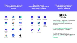 Подключаем актуальные
и популярные методы
оплаты
Разрабатываем
востребованные отраслевые
платежные сервисы
Предлагаем бесшовные
решения для роста
онлайн- оборота
Банковские
карты
Наличные
деньги
Пополнение
счетов
СБП
Кредитование
Интернет-
банкинг
Мобильная
коммерция
Электронные
деньги
Сплитование
Samsung Pay Google Pay Apple Pay
Игры Маркетплейсы Онлайн-ритейл
Такси Трэвел Сервисы
по подписке
ЖКХ МФО и банки
Разработчик и оператор собственной
платежной платформы как
коробочного, так и Open-source
решения
18 лет непрерывной работы на
рынке электронных платежей
Международная платежная
платформа, предоставляющая услуги
30 тыс. компаниям в более 60
странах
 
