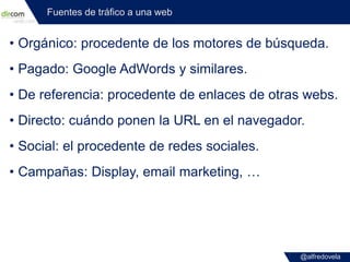 @alfredovela
Fuentes de tráfico a una web
• Orgánico: procedente de los motores de búsqueda.
• Pagado: Google AdWords y si...