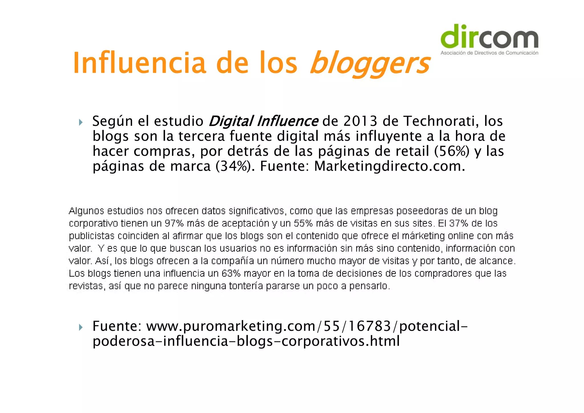 Influencia de los bloggers




Según el estudio Digital Influence de 2013 de Technorati, los
blogs son la tercera fuente digital más influyente a la hora de
hacer compras, por detrás de las páginas de retail (56%) y las
páginas de marca (34%). Fuente: Marketingdirecto.com.

Fuente: www.puromarketing.com/55/16783/potencialpoderosa-influencia-blogs-corporativos.html

 