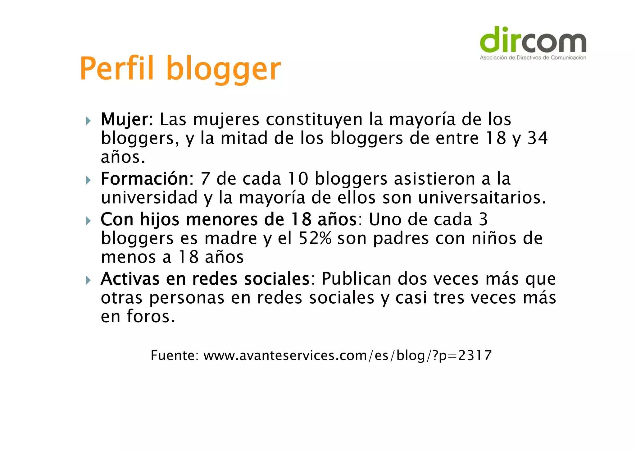 Perfil blogger







Mujer: Las mujeres constituyen la mayoría de los
bloggers, y la mitad de los bloggers de entre 18 y 34
años.
Formación: 7 de cada 10 bloggers asistieron a la
universidad y la mayoría de ellos son universaitarios.
Con hijos menores de 18 años: Uno de cada 3
bloggers es madre y el 52% son padres con niños de
menos a 18 años
Activas en redes sociales: Publican dos veces más que
otras personas en redes sociales y casi tres veces más
en foros.
Fuente: www.avanteservices.com/es/blog/?p=2317

 