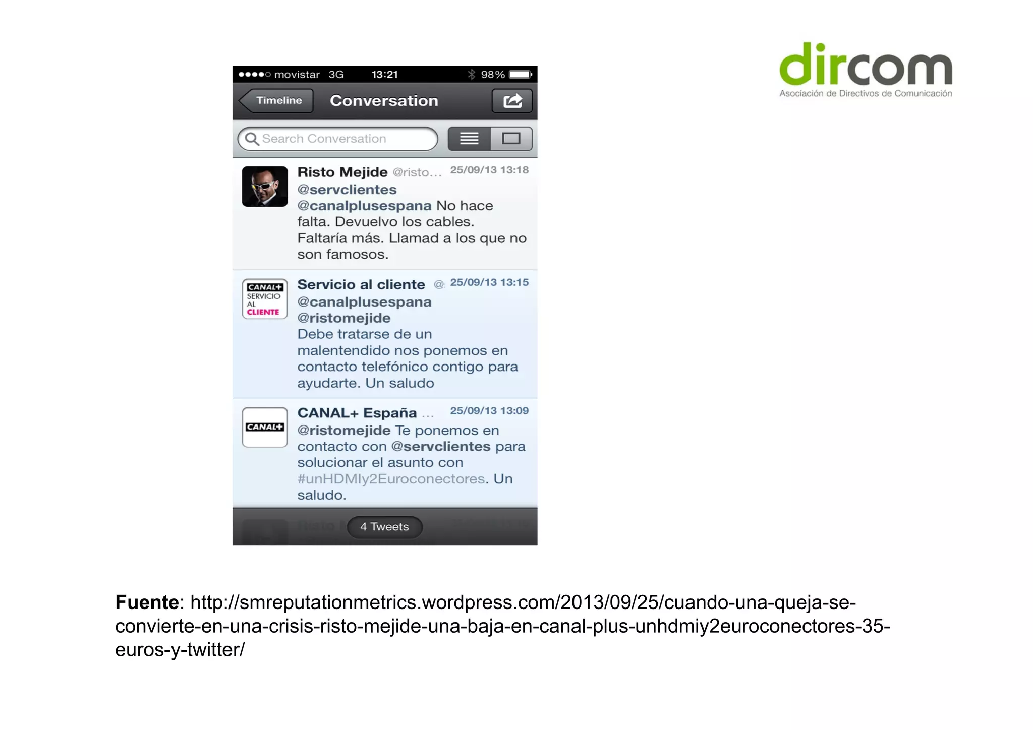 Fuente: http://smreputationmetrics.wordpress.com/2013/09/25/cuando-una-queja-seconvierte-en-una-crisis-risto-mejide-una-baja-en-canal-plus-unhdmiy2euroconectores-35euros-y-twitter/

 