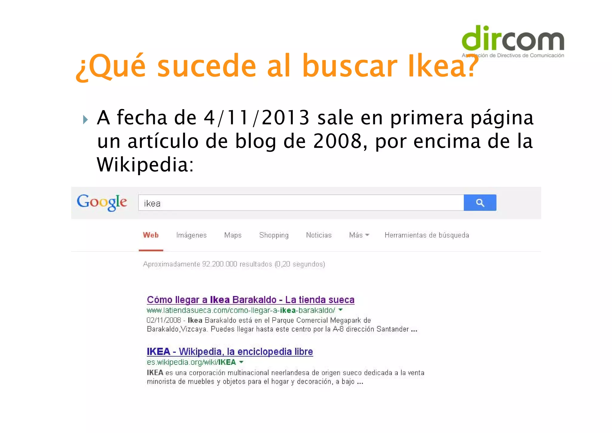¿Qué sucede al buscar Ikea?


A fecha de 4/11/2013 sale en primera página
un artículo de blog de 2008, por encima de la
Wikipedia:

 