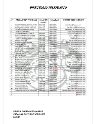 DIRECTORIO TELEFONICO


N°     APELLIDOS Y NOMBRES          TELEFON    CELULAR      CORREO ELECTRONICO
                                     O FIJO
1     AGUIRRE RODRIGUEZ JHONATHAN   5434522   3143763851       Kalvinklen@hotmail.com
2     BUITRAGO BERMUDEZ JHOANNA     5103157   3214227664          Carobb_2612@hotmail.com
3     CASTAÑEDA RAMIREZ PAOLA       7110262   3106796384       Paolangelr_5657@hotmail.com
4     CASTRO JULIAN DAVID                     3132935827           Julian.toro92@hotmail.com
5     CUESTA CAJAMARCA CAMILA       6959900   3133302023           dianaccuesta@hotmail.com
6     DURAN MONTENEGRO CARLOS       2939905   3204131274               Duran.s90@hotmail.com
7     HERRERA AGUDELO ERIKA         6250399   3125282830               Erika.25ja@hotmail.com
8     MEDINA MARCELA                7713984   3123430995              Marce-264@hotmail.com
9     MORENO GOMEZ BRAYAN           3673395   3124437953        Brayan_152008@hotmail.com
10    MORENO MILENA                 4524521   3133666558          Clau_mile-94@hotmail.com
11    NIÑO PINILLA ANGELA           7604200   3204168727                 angeliznpi@gmail.com
12    ORJUELA ALVARADO EYADIRA      7193562   3212195734              Yadirags09@hotmail.com
13    ORTIZ MATEUS YEIMY            2801111   3108043321                yeimysex@hotmail.com
14    OTALORA SANCHEZ ERIKA                   3115480179             Julietha721@hotmail.com
15    PAEZ LADY DIANA               7325645   3133448416      Ledy_praez_1120@hotmail.com
16    PEÑA JESSICA                  5700082   3123605544         Jessica_25diaz@hotmail.com
17    PLAZAS VALENCIA CATALINA      8003944   3213662565                  Lkpv.sena@gmail.com
18    PULIDO MARIA PAULA            2313807                       Mapa_puli.92@hotmail.com
19    PULIDO RODRIGUEZ YULY         2023932   3213237636            Yuly_pulido@hotmail.com
20    RAIGOSO DANIEL                6813349   3203437594         Daniel_raigoso@hotmail.com
21    RAMIREZ ACOSTA CAMILA         4019709   3125207212             Camilara93@hotmail.com
22    RIAÑO CASALLAS RUBY           7107271   3214720103      Sweetpretyyine90@hotmail.com
23    RODRIGUEZ MARCELA             7624325   3213273062                  beritias@hotmail.com
24    SALAZAR JORGE LUIS            2462975   3125818654               chpmillos@hotmail.com
25    SIERRA MURCIA YUDI            3657917   3157109619              Yl.sierra85@hotmail.com
26    SOLANO DIEGO                            3102820544              diegobond@hotmail.com
27    SOTELO JIMENEZ YEIMY          2371653   3124565769                  Yeife15@hotmail.com
28    TORRES JESSICA VIVIANA        2048373   3203076797        Jessiquitavivi15@hotmail.com
29    TRUJILLO ANGELICA             3602537   3214198170          Angel931207@hotmail.com
30    WALTEROS TATIANA              7758497   3102616748          Tatis_911218@hotmail.com
31    ZAMBRANO DAYANNA ALEJANDRA    7685360   3138052470   Dayana-zambrano-93@hotmail.com
32                                                                                @hotmail.com
33                                                                                @hotmail.com




     CAMILA CUESTA CAJAMARCA
     JHOANNA BUITRAGO BERMUDEZ
     261039
 