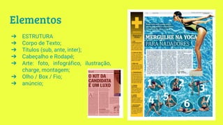 Elementos
➔ ESTRUTURA
➔ Corpo de Texto;
➔ Títulos (sub, ante, inter);
➔ Cabeçalho e Rodapé;
➔ Arte: foto, infográfico, ilustração,
charge, montagem;
➔ Olho / Box / Fio;
➔ anúncio;
 