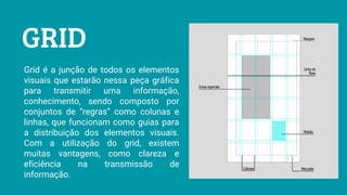 GRID
Grid é a junção de todos os elementos
visuais que estarão nessa peça gráfica
para transmitir uma informação,
conhecimento, sendo composto por
conjuntos de “regras” como colunas e
linhas, que funcionam como guias para
a distribuição dos elementos visuais.
Com a utilização do grid, existem
muitas vantagens, como clareza e
eficiência na transmissão de
informação.
 