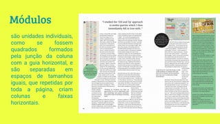 Módulos
são unidades individuais,
como se fossem
quadrados formados
pela junção da coluna
com a guia horizontal, e
são separadas em
espaços de tamanhos
iguais, que repetidas por
toda a página, criam
colunas e faixas
horizontais.
 