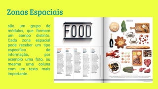 Zonas Espaciais
são um grupo de
módulos, que formam
um campo distinto.
Cada zona espacial
pode receber um tipo
específico de
informação, por
exemplo uma foto, ou
mesmo uma coluna
com um texto mais
importante.
 