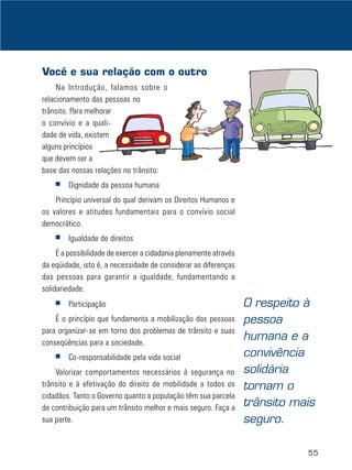 55
Você e sua relação com o outro
Na Introdução, falamos sobre o
relacionamento das pessoas no
trânsito. Para melhorar
o convívio e a quali-
dade de vida, existem
alguns princípios
que devem ser a
base das nossas relações no trânsito:
■ Dignidade da pessoa humana
Princípio universal do qual derivam os Direitos Humanos e
os valores e atitudes fundamentais para o convívio social
democrático.
■ Igualdade de direitos
É a possibilidade de exercer a cidadania plenamente através
da eqüidade, isto é, a necessidade de considerar as diferenças
das pessoas para garantir a igualdade, fundamentando a
solidariedade.
■ Participação
É o princípio que fundamenta a mobilização das pessoas
para organizar-se em torno dos problemas de trânsito e suas
conseqüências para a sociedade.
■ Co-responsabilidade pela vida social
Valorizar comportamentos necessários à segurança no
trânsito e à efetivação do direito de mobilidade a todos os
cidadãos. Tanto o Governo quanto a população têm sua parcela
de contribuição para um trânsito melhor e mais seguro. Faça a
sua parte.
O respeito à
pessoa
humana e a
convivência
solidária
tornam o
trânsito mais
seguro.
 