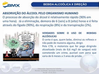 ABSORVIÇÃO DO ÁLCOOL PELO ORGANISMO HUMANO
O processo de absorção do álcool é relativamente rápido (90% em
uma hora). Já a eliminação, demora de 6 (seis) a 8 (oito) horas e é feita
através do fígado (90%), da respiração (8%) e da transpiração (2%).
VERDADES SOBRE O USO DE BEBIDAS
ALCÓOLICAS
O certo é que, quem bebe, diminui os reflexos e
não pode de maneira alguma, dirigir.
Pelo CTB, o motorista que for pego dirigindo
alcoolizado (mais de 0,6 mg/l de sangue) está
cometendo um crime, punível com pena que
varia de 6 meses a 3 anos de prisão.
BEBIDA ALCOÓLICA X DIREÇÃO
Elaboração: Segurança do Trabalho
Revisão: Qualidade Aprovação: Presidência
Rev.00 - 07.02.2022
 