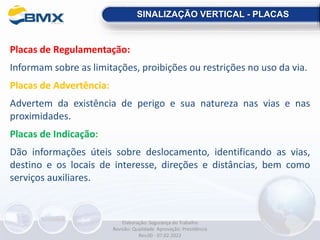 Placas de Regulamentação:
Informam sobre as limitações, proibições ou restrições no uso da via.
Placas de Advertência:
Advertem da existência de perigo e sua natureza nas vias e nas
proximidades.
Placas de Indicação::
Dão informações úteis sobre deslocamento, identificando as vias,
destino e os locais de interesse, direções e distâncias, bem como
serviços auxiliares.
SINALIZAÇÃO VERTICAL - PLACAS
Elaboração: Segurança do Trabalho
Revisão: Qualidade Aprovação: Presidência
Rev.00 - 07.02.2022
 