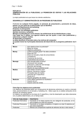 Cap. 1 - Kotler

 KOTLER 19
 ADMINISTRACIÓN DE LA PUBLICIDAD, LA PROMOCION DE VENTAS Y LAS RELACIONES
 PÚBLICAS

 La mejor publicidad es la que hacen los clientes satisfechos.

 DESARROLLO Y ADMINISTRACIÓN DE UN PROGRAMA DE PUBLICIDAD

 Publicidad es cualquier forma pagada, no personal, de presentación y promoción de ideas,
 bienes o sv por parte de un patrocinador que se identifica.
 Tareas del Departamento de marketing:
 Proponer un presupuesto
 Desarrollar una estrategia publicitaria
 Aprobar anuncios y campañas
 Manejar la publicidad por correo directo, las exhibiciones de los distribuidores y otras.
 Casi todas las E utilizan una agencia externa que las ayuda a crear cñas publicitarias y
 seleccionar y adquirir medios.
 Al desarrollar un programa
 se debe identificar el mercado meta y los motivos del comprador
 se pueden tomar las 5 principales decisiones del desarrollo de un programa publicitario: las 5
 M.

 Misión                   Qué objetivos tiene la publicidad?
                          Metas de Ventas
                          Objetivos publicitarios
 Money                    Cuánto se puede gastar? Se debe considerar:
                          Etapa del CVP
                          Share de mercado y base de consumidores
                          Competencia
                          Frecuencia de anuncios
                          Sustituibilidad del producto
 Mensaje                  Qué mensaje debe enviarse?
                          Generación del mensaje
                          Evaluación y selección del mensaje
                          Ejecución del mensaje
                          Reseña de responsabilidad social
 Medios                   Qué medios conviene usar?
                          Alcance, frecuencia, impacto
                          Principales tipos de medios
                          Vehículos de C específicos
                          Pautas de C
                          Reparto geográfico de medios
 Medición                 Cómo deben evaluarse los resultados?
                          Impacto de la C
                          Impacto sobre las ventas


 Cómo fijar los objetivos de la publicidad:
 Los objetivos de publicidad deben ser consecuencia de decisiones anteriores en cuanto a mercado
 meta, posicionamiento en el mercado y marketing mix. Debe surgir de un análisis exhaustivo de la
 situación de marketing vigente.
 Un objetivo de publicidad es una tarea de C específica y nivel de desempeño que debe alcanzarse
 con un público determinado y en un tiempo dado.

 TIPO DE PUBLICIDAD          PROPÓSITO
 Publicidad Informativa:     importante en la etapa pionera de una categoría de productos, en la
                             que el objetivo es crear la D primaria.
 Publicidad Persuasiva:      importante en la etapa competitiva, el objetivo es crear D selectiva por
                             una marca específica.
 Publicidad                  Efectúa una comparación explícita de atributos de dos o más marcas.


                                                  109
 
