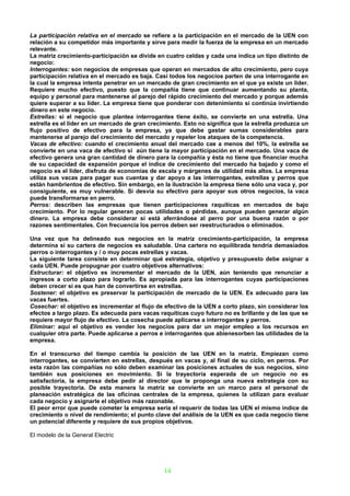 La participación relativa en el mercado se refiere a la participación en el mercado de la UEN con
relación a su competidor más importante y sirve para medir la fuerza de la empresa en un mercado
relevante.
La matriz crecimiento-participación se divide en cuatro celdas y cada una indica un tipo distinto de
negocio:
Interrogantes: son negocios de empresas que operan en mercados de alto crecimiento, pero cuya
participación relativa en el mercado es baja. Casi todos los negocios parten de una interrogante en
la cual la empresa intenta penetrar en un mercado de gran crecimiento en el que ya existe un líder.
Requiere mucho efectivo, puesto que la compañía tiene que continuar aumentando su planta,
equipo y personal para mantenerse al parejo del rápido crecimiento del mercado y porque además
quiere superar a su líder. La empresa tiene que ponderar con detenimiento si continúa invirtiendo
dinero en este negocio.
Estrellas: si el negocio que plantea interrogantes tiene éxito, se convierte en una estrella. Una
estrella es el líder en un mercado de gran crecimiento. Esto no significa que la estrella produzca un
flujo positivo de efectivo para la empresa, ya que debe gastar sumas considerables para
mantenerse al parejo del crecimiento del mercado y repeler los ataques de la competencia.
Vacas de efectivo: cuando el crecimiento anual del mercado cae a menos del 10%, la estrella se
convierte en una vaca de efectivo si aún tiene la mayor participación en el mercado. Una vaca de
efectivo genera una gran cantidad de dinero para la compañía y ésta no tiene que financiar mucha
de su capacidad de expansión porque el índice de crecimiento del mercado ha bajado y como el
negocio es el líder, disfruta de economías de escala y márgenes de utilidad más altos. La empresa
utiliza sus vacas para pagar sus cuentas y dar apoyo a las interrogantes, estrellas y perros que
están hambrientos de efectivo. Sin embargo, en la ilustración la empresa tiene sólo una vaca y, por
consiguiente, es muy vulnerable. Si desvía su efectivo para apoyar sus otros negocios, la vaca
puede transformarse en perro.
Perros: describen las empresas que tienen participaciones raquíticas en mercados de bajo
crecimiento. Por lo regular generan pocas utilidades o pérdidas, aunque pueden generar algún
dinero. La empresa debe considerar si está aferrándose al perro por una buena razón o por
razones sentimentales. Con frecuencia los perros deben ser reestructurados o eliminados.

Una vez que ha delineado sus negocios en la matriz crecimiento-participación, la empresa
determina si su cartera de negocios es saludable. Una cartera no equilibrada tendría demasiados
perros o interrogantes y / o muy pocas estrellas y vacas.
La siguiente tarea consiste en determinar qué estrategia, objetivo y presupuesto debe asignar a
cada UEN. Puede propugnar por cuatro objetivos alternativos:
Estructurar: el objetivo es incrementar el mercado de la UEN, aún teniendo que renunciar a
ingresos a corto plazo para lograrlo. Es apropiada para las interrogantes cuyas participaciones
deben crecer si es que han de convertirse en estrellas.
Sostener: el objetivo es preservar la participación de mercado de la UEN. Es adecuado para las
vacas fuertes.
Cosechar: el objetivo es incrementar el flujo de efectivo de la UEN a corto plazo, sin considerar los
efectos a largo plazo. Es adecuada para vacas raquíticas cuyo futuro no es brillante y de las que se
requiere mayor flujo de efectivo. La cosecha puede aplicarse a interrogantes y perros.
Eliminar: aquí el objetivo es vender los negocios para dar un mejor empleo a los recursos en
cualquier otra parte. Puede aplicarse a perros e interrogantes que abienesorben las utilidades de la
empresa.

En el transcurso del tiempo cambia la posición de las UEN en la matriz. Empiezan como
interrogantes, se convierten en estrellas, después en vacas y, al final de su ciclo, en perros. Por
esta razón las compañías no sólo deben examinar las posiciones actuales de sus negocios, sino
también sus posiciones en movimiento. Si la trayectoria esperada de un negocio no es
satisfactoria, la empresa debe pedir al director que le proponga una nueva estrategia con su
posible trayectoria. De esta manera la matriz se convierte en un marco para el personal de
planeación estratégica de las oficinas centrales de la empresa, quienes la utilizan para evaluar
cada negocio y asignarle el objetivo más razonable.
El peor error que puede cometer la empresa sería el requerir de todas las UEN el mismo índice de
crecimiento o nivel de rendimiento; el punto clave del análisis de la UEN es que cada negocio tiene
un potencial diferente y requiere de sus propios objetivos.

El modelo de la General Electric




                                                14
 