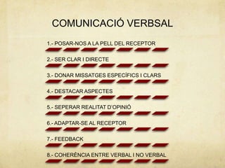 COMUNICACIÓ VERBSAL
1.- POSAR-NOS A LA PELL DEL RECEPTOR


2.- SER CLAR I DIRECTE

3.- DONAR MISSATGES ESPECÍFICS I CLARS


4.- DESTACAR ASPECTES


5.- SEPERAR REALITAT D’OPINIÓ


6.- ADAPTAR-SE AL RECEPTOR


7.- FEEDBACK


8.- COHERÈNCIA ENTRE VERBAL I NO VERBAL
 