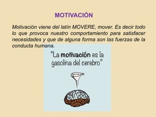 Motivación viene del latín MOVERE, mover. Es decir todo
lo que provoca nuestro comportamiento para satisfacer
necesidades y que de alguna forma son las fuerzas de la
conducta humana.
MOTIVACIÓN
 