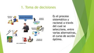 1. Toma de decisiones
Es el proceso
sistemático y
racional a través
del cual se
selecciona, entre
varias alternativas,
el curso de acción
óptimo.
 
