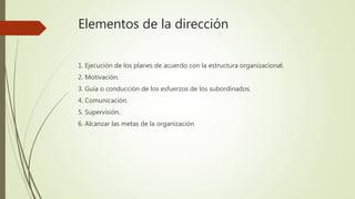 Elementos de la dirección
1. Ejecución de los planes de acuerdo con la estructura organizacional.
2. Motivación.
3. Guía o conducción de los esfuerzos de los subordinados.
4. Comunicación.
5. Supervisión.
6. Alcanzar las metas de la organización
 