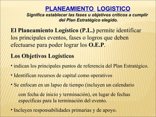 PLANEAMIENTO  LOGISTICO Significa establecer las fases u objetivos críticos a cumplir  del Plan Estratégico elegido. El Planeamiento Logístico (P.L.)  permite identificar los principales eventos, fases o logros que deben efectuarse para poder lograr los  O.E.P . Los Objetivos Logísticos   indican los principales puntos de referencia del Plan Estratégico. Identifican recursos de capital como operativos Se enfocan en un lapso de tiempo (incluyen un calendario  con fecha de inicio y terminación), en lugar de fechas  específicas para la terminación del evento. Incluyen responsabilidades primarias y de apoyo. 