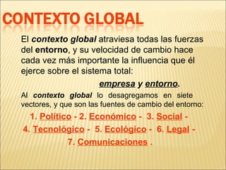 El  contexto global  atraviesa todas las fuerzas del  entorno , y su velocidad de cambio hace cada vez más importante la influencia que él ejerce sobre el sistema total:    empresa  y  entorno . Al  contexto global  lo desagregamos en siete  vectores, y que son las fuentes de cambio del entorno: 1.  Político  - 2.  Económico  -  3.  Social  -  4.  Tecnológico  -  5.  Ecológico  -  6.  Legal  -  7.  Comunicaciones  . 