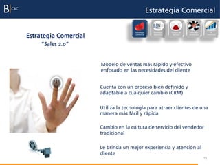 Estrategia Comercial

                                                                                              Evaluación
                                       Estrategia     Excelencia   Cultura de   Liderazgo          e

Estrategia Comercial                   Comercial      Operativa     Servicio    del Equipo    incentivos




     “Sales 2.0”


                       Modelo de ventas más rápido y efectivo
                       enfocado en las necesidades del cliente


                       Cuenta con un proceso bien definido y
                       adaptable a cualquier cambio (CRM)


                       Utiliza la tecnología para atraer clientes de una
                       manera más fácil y rápida

                       Cambio en la cultura de servicio del vendedor
                       tradicional

                       Le brinda un mejor experiencia y atención al
                       cliente
                                                                                             15
 