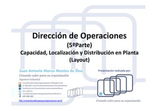 Dirección de Operaciones
(5ªParte)
Capacidad, Localización y Distribución en PlantaCapacidad, Localización y Distribución en Planta
(Layout)
http://creandovalorparasuorganizacion.es.tl/
Presentación realizada por:
 