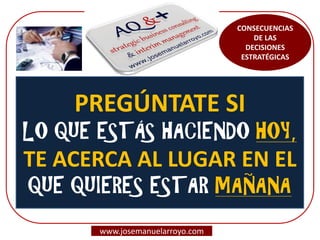 CONSECUENCIAS DE LAS DECISIONES ESTRATÉGICAS 
www.josemanuelarroyo.com 
PREGÚNTATE SI LO QUE ESTÁS HACIENDO HOY, TE ACERCA AL LUGAR EN EL QUE QUIERES ESTAR MAÑANA  