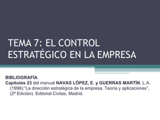 TEMA 7: EL CONTROL
ESTRATÉGICO EN LA EMPRESA
BIBLIOGRAFÍA
Capítulos 23 del manual NAVAS LÓPEZ, E. y GUERRAS MARTÍN, L.A.
(1998):“La dirección estratégica de la empresa. Teoría y aplicaciones”,
(2ª Edición). Editorial Civitas, Madrid.
 