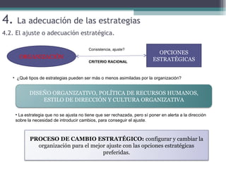 4. La adecuación de las estrategias
OPCIONES
ESTRATÉGICASORGANIZACIÓN
Consistencia, ajuste?
CRITERIO RACIONAL
• ¿Qué tipos de estrategias pueden ser más o menos asimiladas por la organización?
• La estrategia que no se ajusta no tiene que ser rechazada, pero sí poner en alerta a la dirección
sobre la necesidad de introducir cambios, para conseguir el ajuste.
4.2. El ajuste o adecuación estratégica.
DISEÑO ORGANIZATIVO, POLÍTICA DE RECURSOS HUMANOS,
ESTILO DE DIRECCIÓN Y CULTURA ORGANIZATIVA
PROCESO DE CAMBIO ESTRATÉGICO: configurar y cambiar la
organización para el mejor ajuste con las opciones estratégicas
preferidas.
 