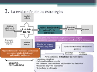 3. La evaluación de las estrategias
FORMULACIÓN DE
ESTRATEGIAS
Diseño, evaluación y
selección de
estrategias
Orientación
básica de la
empresa
Estrategias corporativas y
competitivas
Soporte,
planificación y
estrategias
funcionales
Revisión del
proceso de
dirección
estratégica
ANÁLISIS
ESTRATÉGICO
IMPLANTACIÓN
Análisis
externo
Diagnóstico de
la situación
Es una parte muy relevante del proceso, porque implica
comprometer recursos en una opción y abandonar otras opciones.
Diseñar un proceso
racional muy difícl Por la incertidumbre inherente al
proceso.
Por la influencia de factores no racionales
• creencias subjetivas
• la intuición del empresario
• los intereses y motivaciones implícitas de los directivos
• relaciones de poder e influencia
• la moda de la estrategia
Algunos factores no racionales también son
necesarios: juicio, intuición y
valoración subjetiva.
Algunos factores no racionales también son
necesarios: juicio, intuición y
valoración subjetiva.
 