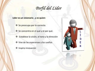  Se preocupa por lo correcto.
 Se concentra en el qué y el por qué.
 Establece la visión, el tono y la dirección
 Vive de las esperanzas y los sueños
 Inspira innovación
Líder es un visionario , y es quien:
 