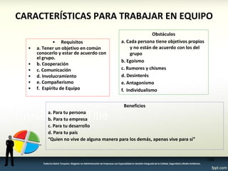 CARACTERÍSTICAS PARA TRABAJAR EN EQUIPO 
•Requisitos 
•a. Tener un objetivo en común conocerlo y estar de acuerdo con el grupo. 
•b. Cooperación 
•c. Comunicación 
•d. Involucramiento 
•e. Compañerismo 
•f. Espíritu de Equipo 
Obstáculos 
a. Cada persona tiene objetivos propios y no están de acuerdo con los del grupo 
b. Egoísmo 
c. Rumores y chismes 
d. Desinterés 
e. Antagonismo 
f. Individualismo 
Beneficios 
a. Para tu persona 
b. Para tu empresa 
c. Para tu desarrollo 
d. Para tu país 
“Quien no vive de alguna manera para los demás, apenas vive para sí” 
109 
Federico Galvis Tarquino. Magister en Administración de Empresas con Especialidad en Gestión Integrada de la Calidad, Seguridad y Medio Ambiente.  