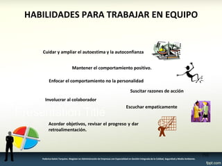 HABILIDADES PARA TRABAJAR EN EQUIPO 
Mantener el comportamiento positivo. 
Cuidar y ampliar el autoestima y la autoconfianza 
Enfocar el comportamiento no la personalidad 
Involucrar al colaborador 
Suscitar razones de acción 
Escuchar empaticamente 
Acordar objetivos, revisar el progreso y dar 
retroalimentación. 
110 
Federico Galvis Tarquino. Magister en Administración de Empresas con Especialidad en Gestión Integrada de la Calidad, Seguridad y Medio Ambiente. 
 