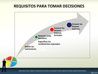 6 
Federico Galvis Tarquino. Magister en Administración de Empresas con Especialidad en Gestión Integrada de la Calidad, Seguridad y Medio Ambiente. 
REQUISITOS PARA TOMAR DECISIONES 
Definir las restricciones 
Relación costo beneficio. 
Especificar los rendimientos esperados. 
Conocer los factores internos formales. 
Conocer los factores externos.  