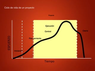 Iniciación
Planeamiento
Control
Ejecución
Cierre
ESFUERZO
Tiempo
Proyecto
Ciclo de vida de un proyecto
 