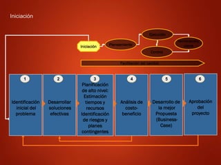 Iniciación
Identificación
inicial del
problema
Desarrollar
soluciones
efectivas
Planificación
de alto nivel:
Estimación
tiempos y
recursos
Identificación
de riesgos y
planes
contingentes
Análisis de
costo-
beneficio
Desarrollo de
la mejor
Propuesta
(Business-
Case)
Aprobación
del
proyecto
Iniciación Planeamiento
Ejecución
Control
Terminación/
cierre
Facilitación del cambio
3 5
4 6
2
1
 