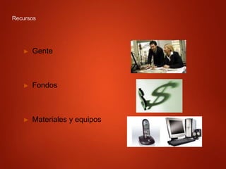 Recursos
► Gente
► Fondos
► Materiales y equipos
 