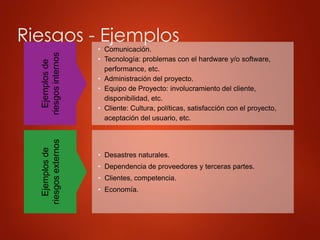 Riesgos - Ejemplos
Ejemplos
de
riesgos
internos
• Comunicación.
• Tecnología: problemas con el hardware y/o software,
performance, etc.
• Administración del proyecto.
• Equipo de Proyecto: involucramiento del cliente,
disponibilidad, etc.
• Cliente: Cultura, políticas, satisfacción con el proyecto,
aceptación del usuario, etc.
Ejemplos
de
riesgos
externos
• Desastres naturales.
• Dependencia de proveedores y terceras partes.
• Clientes, competencia.
• Economía.
 
