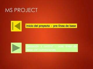 MS PROJECT
Inicio del proyecto – pre línea de base
Ejecución y control – post línea de
base con correcciones
 