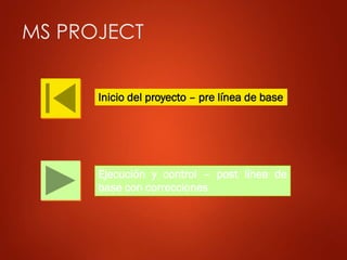 MS PROJECT
Inicio del proyecto – pre línea de base
Ejecución y control – post línea de
base con correcciones
 