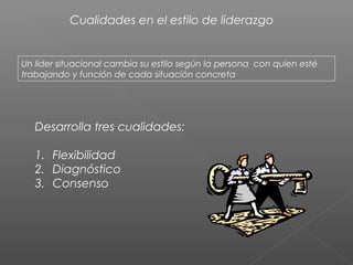 Cualidades en el estilo de liderazgo


Un líder situacional cambia su estilo según la persona con quien esté
trabajando y función de cada situación concreta




   Desarrolla tres cualidades:

   1. Flexibilidad
   2. Diagnóstico
   3. Consenso
 