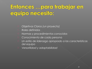    Objetivos Claros (un proyecto)
   Roles definidos
   Normas y procedimientos conocidos
   Conocimiento de cada persona
   Un estilo de liderazgo apropiado a las características
    del equipo
   Versatilidad y adaptabilidad




                                                  31
 