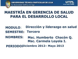 MODULO: Dirección y liderazgo en salud
SEMESTRE: Tercero
NOMBRES:    Msc. Humberto Chacón Q.
            Msc. Carmela Loyola I.
PERIODO:
       Diciembre 2012– Mayo 2013
 
