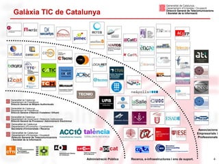 Galàxia TIC de Catalunya




Generalitat de Catalunya
Departament de Presidència
Direcció General de Mitjans Audiovisuals
Generalitat de Catalunya
Departament de Presidència                                                          ITCAT
Direcció General d'Atenció Ciutadana i Difusió

Generalitat de Catalunya
Departament de Governació i Relacions Institucionals
Direcció General de Processos i Administració Electrònica
Generalitat de Catalunya
Departament d’Economia i Coneixement
Secretaria d'Universitats i Recerca
                                                                                                                                       Associacions
Generalitat de Catalunya                                                                                                              Empresarials i
Departament d’Empresa i Ocupació
Direcció General de Telecomunicacions                                                                                                 Professionals
i Societat de la Informació




                                                            Administració Pública      Recerca, e-infraestructures i ens de suport.              4
 