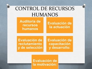 CONTROL DE RECURSOS
     HUMANOS
 Auditoria de
                 Evaluación de
  recursos
                  la actuación
  humanos


Evaluación de    Evaluación de
reclutamiento    capacitación
y de selección    y desarrollo:


        Evaluación de
        la motivación:
 