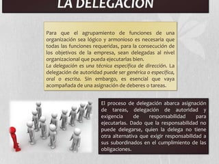 LA DELEGACION
Para que el agrupamiento de funciones de una
organización sea lógico y armonioso es necesaria que
todas las funciones requeridas, para la consecución de
los objetivos de la empresa, sean delegadas al nivel
organizacional que pueda ejecutarlas bien.
La delegación es una técnica específica de dirección. La
delegación de autoridad puede ser genérica o específica,
oral o escrita. Sin embargo, es esencial que vaya
acompañada de una asignación de deberes o tareas.


                       El proceso de delegación abarca asignación
                       de tareas, delegación de autoridad y
                       exigencia     de    responsabilidad      para
                       ejecutarlas. Dado que la responsabilidad no
                       puede delegarse, quien la delega no tiene
                       otra alternativa que exigir responsabilidad a
                       sus subordinados en el cumplimiento de las
                       obligaciones.
 