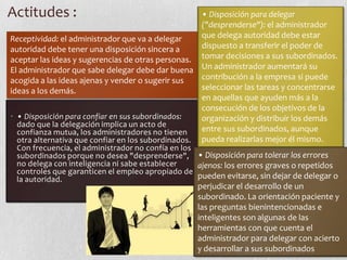 Actitudes :                                         • Disposición para delegar
                                                    ("desprenderse"): el administrador
Receptividad: el administrador que va a delegar     que delega autoridad debe estar
autoridad debe tener una disposición sincera a      dispuesto a transferir el poder de
aceptar las ideas y sugerencias de otras personas. tomar decisiones a sus subordinados.
El administrador que sabe delegar debe dar buena Un administrador aumentará su
acogida a las ideas ajenas y vender o sugerir sus   contribución a la empresa si puede
ideas a los demás.                                  seleccionar las tareas y concentrarse
                                                    en aquellas que ayuden más a la
                                                    consecución de los objetivos de la
• • Disposición para confiar en sus subordinados:   organización y distribuir los demás
  dado que la delegación implica un acto de
  confianza mutua, los administradores no tienen    entre sus subordinados, aunque
  otra alternativa que confiar en los subordinados. pueda realizarlas mejor él mismo.
 Con frecuencia, el administrador no confía en los
 subordinados porque no desea "desprenderse", • Disposición para tolerar los errores
 no delega con inteligencia ni sabe establecer     ajenos: los errores graves o repetidos
 controles que garanticen el empleo apropiado de
 la autoridad.                                     pueden evitarse, sin dejar de delegar o
                                                   perjudicar el desarrollo de un
                                                   subordinado. La orientación paciente y
                                                   las preguntas bienintencionadas e
                                                   inteligentes son algunas de las
                                                   herramientas con que cuenta el
                                                   administrador para delegar con acierto
                                                   y desarrollar a sus subordinados
 