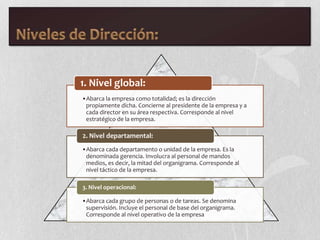 1. Nivel global:
•Abarca la empresa como totalidad; es la dirección
 propiamente dicha. Concierne al presidente de la empresa y a
 cada director en su área respectiva. Corresponde al nivel
 estratégico de la empresa.

2. Nivel departamental:
•Abarca cada departamento o unidad de la empresa. Es la
 denominada gerencia. Involucra al personal de mandos
 medios, es decir, la mitad del organigrama. Corresponde al
 nivel táctico de la empresa.

3. Nivel operacional:

•Abarca cada grupo de personas o de tareas. Se denomina
 supervisión. Incluye el personal de base del organigrama.
 Corresponde al nivel operativo de la empresa
 