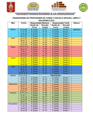 CRONOGRAMA DE PROFESORES DE TURNO Y ESCUELA SEGURA, LIMPIA Y
SALUDABLE 2013
Mes Fecha Responsable Mañana Responsable Tarde Observ.
Grado de
Turno
Escuela
Limpia
Grado de
Turno
Escuela
Limpia
Marzo 04 al 08 6º grado 6º “A” 6º grado Grupo 1 Apertura
11 al 15 5º grado 5º “A” 5º grado Grupo 1
18 al 22 4º grado 4º “A” 4º grado Grupo 1
25 al 27 3º grado 3º “A” 3º grado Grupo 1
Abril 01 al 05 2º grado 2º “A” 2º grado Grupo 1
08 al 12 1º grado 1º “A” 1º grado Grupo 1
15 al 19 6º grado 6º “B” 6º grado Grupo 2
22 al 26 5º grado 5º “B” 5º grado Grupo 2
Mayo 29 Abr al 03 4º grado 4º “B” 6º grado Grupo 2
06 al 10 3º grado 3º “B” 6º grado Grupo 2
13 al 17 2º grado 2º “B” 6º grado Grupo 2
20 al 24 1º grado 1º “B” 6º grado Grupo 2
27 al 31 6º grado 6º “C” 6º grado Grupo 3
Junio 03 al 07 5º grado 5º “C” 5º grado Grupo 3
10 al 14 4º grado 4º “C” 4º grado Grupo 3
17 al 21 3º grado 3º “C” 3º grado Grupo 3
24 al 28 2º grado 2º “C” 2º grado Grupo 3
Julio 01 al 05 1º grado 1º “C” 1º grado Grupo 2
08 al 12 6º grado 6º “A” 6º grado Grupo 1
15 al 19 5º grado 5º “A” 5º grado Grupo 1
29 Abr al 03 4º grado 4º “A” 4º grado Grupo 1
Agosto 29 Jul al 09 Vacaciones
12 al 16 3º grado 3º “A” 3º grado Grupo 1
19 al 23 2º grado 2º “A” 2º grado Grupo 1
26 al 29 1º grado 1º “A” 1º grado Grupo 1
Setiembre 02 al 06 6º grado 6º “B” 6º grado Grupo 2
09 al 13 5º grado 5º “B” 5º grado Grupo 2
16 al 20 4º grado 4º “B” 4º grado Grupo 2
23 al 27 3º grado 3º “B” 3º grado Grupo 2
Octubre 30 Set al 04 2º grado 2º “B” 2º grado Grupo 2
07 al 11 1º grado 1º “B” 1º grado Grupo 2
14 al 18 6º grado 6º “C” 6º grado Grupo 3
21 al 25 5º grado 5º “C” 5º grado Grupo 3
28 al 31 4º grado 4º “C” 4º grado Grupo 3
Noviembre 04 al 06 3º grado 3º “C” 3º grado Grupo 3
11 al 15 2º grado 2º “C” 2º grado Grupo 3
18 al 22 1º grado 1º “C” 1º grado Grupo 3
25 al 29 6º grado 6º “A” 6º grado Grupo 1
 