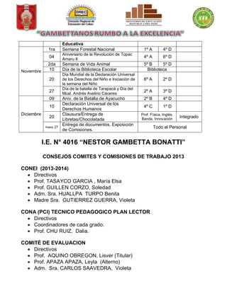 I.E. N° 4016 “NESTOR GAMBETTA BONATTI”
CONSEJOS COMITES Y COMISIONES DE TRABAJO 2013
CONEI (2013-2014)
Directivos
Prof. TASAYCO GARCIA , María Elsa
Prof. GUILLEN CORZO, Soledad
Adm. Sra. HUALLPA TURPO Benita
Madre Sra. GUTIERREZ GUERRA, Violeta
CONA (PCI) TECNICO PEDAGOGICO PLAN LECTOR
Directivos
Coordinadores de cada grado.
Prof. CHU RUIZ, Dalia.
COMITÉ DE EVALUACION
Directivos
Prof. AQUINO OBREGON, Lisver (Titular)
Prof. APAZA APAZA, Leyla (Alterno)
Adm. Sra. CARLOS SAAVEDRA, Violeta
Educativa
Noviembre
1ra Semana Forestal Nacional 1º A 4º D
04
Aniversario de la Revolución de Túpac
Amaru II
4º A 6º D
2da Semana de Vida Animal 5º B 5º D
10 Día de la Biblioteca Escolar Biblioteca
20
Día Mundial de la Declaración Universal
de los Derechos del Niño e Iniciación de
la semana del Niño
6º A 2º D
27
Día de la batalla de Tarapacá y Día del
Mcal. Andrés Avelino Cáceres
2º A 3º D
Diciembre
09 Aniv. de la Batalla de Ayacucho 2º B 4º D
10
Declaración Universal de los
Derechos Humanos
4º C 1º D
20
Clausura/Entrega de
Libretas/Chocolatada
Prof. Física, Inglés,
Banda, Innovación
Integrado
Hasta 27
Entrega de documentos. Exposición
de Comisiones.
Todo el Personal
 